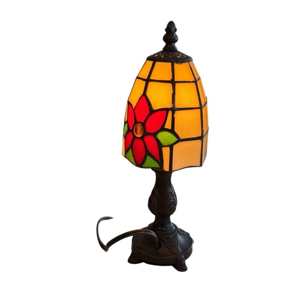 Cracker Barrel Tiffany Style Stained Glass POINSETTIA Mini Lamp With Box - Picture 6 of 6